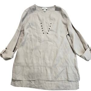 Adrienne Vittadini 100% Linen Roll-tab Sleeve Tunic Top Boho Festival Size M